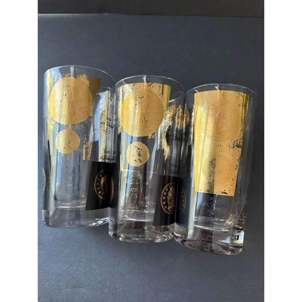 Vintage Cera 22K Gold Black Coin Hiball Glasses Tumblers 1960s Set (3) MCM Deco